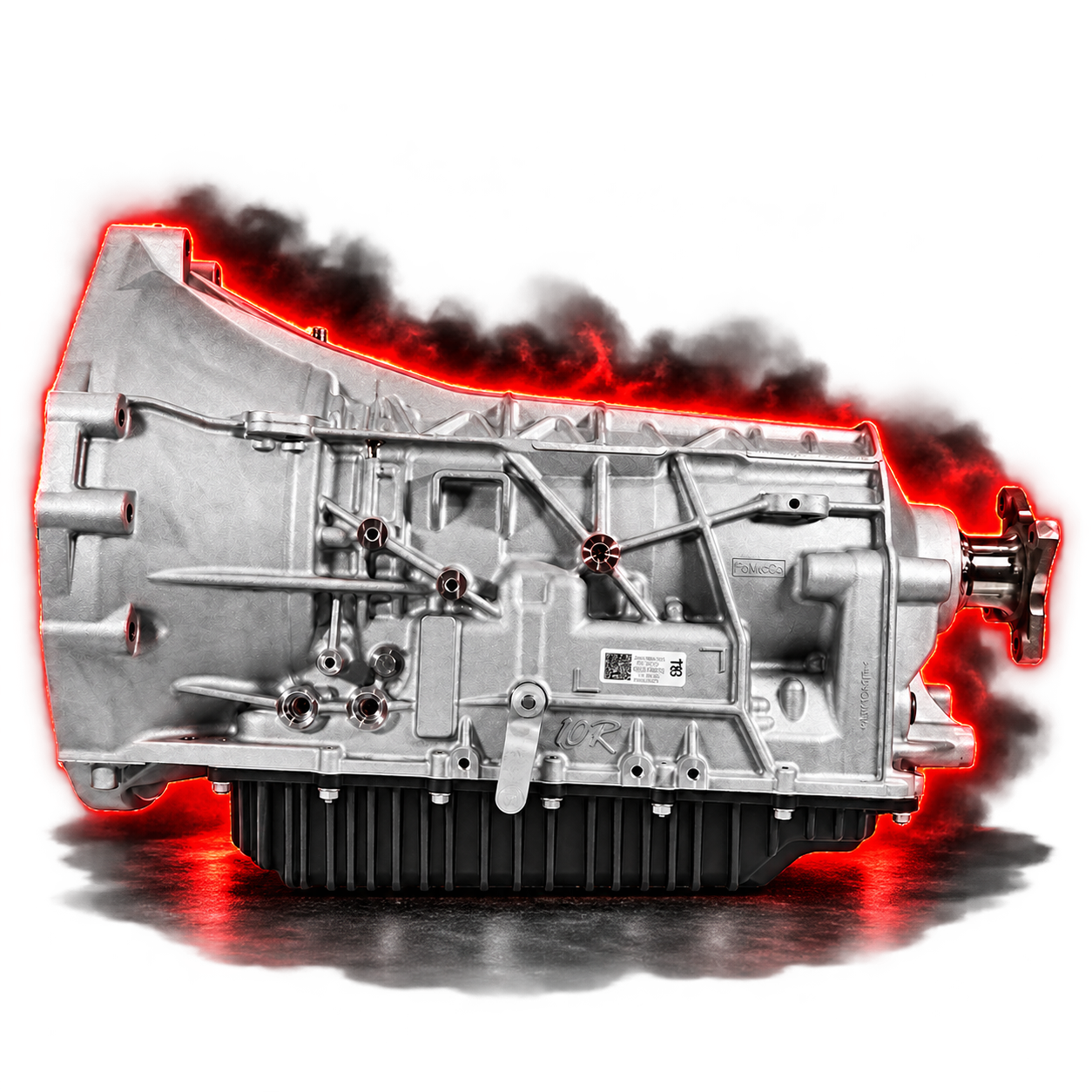 Ford 10R80 transmission with black deep pan and red accent; edited model reference